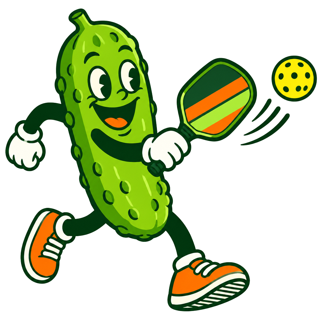 Silly Pickle mascot swinging a paddle